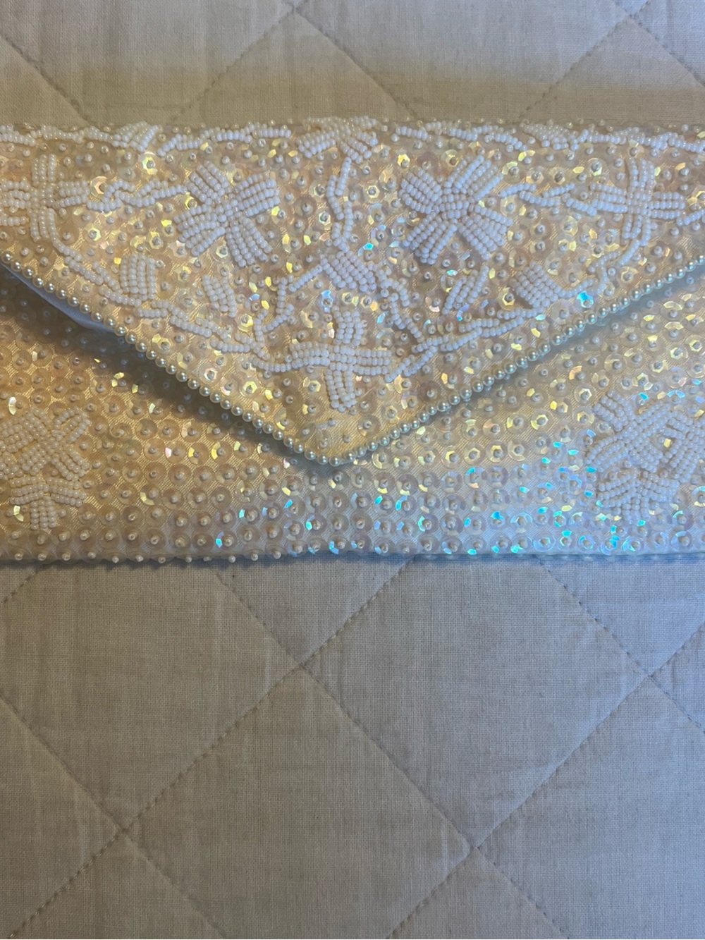 Vintage Beaded White Sequin Envelope Clutch